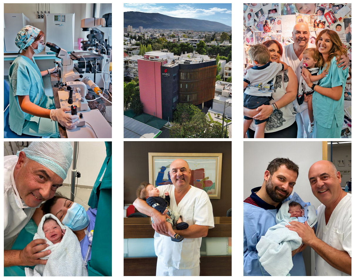 embio collage of photos from the clinic and IVF patients with their babies